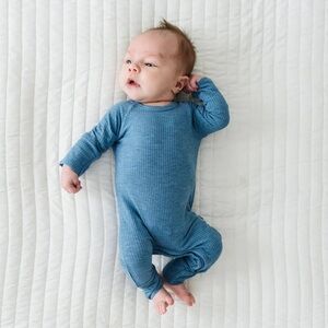 Gently used, retired style! Little Sleepies Crescent Zippy. Heather Blue. 0-3 M
